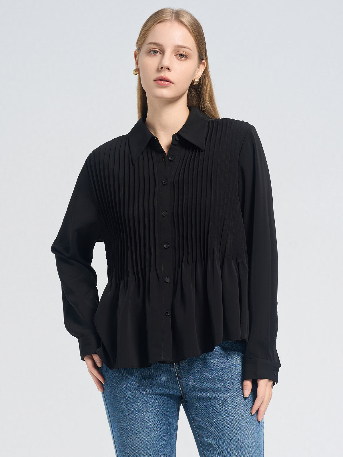 Pleated Button-Up Shirt