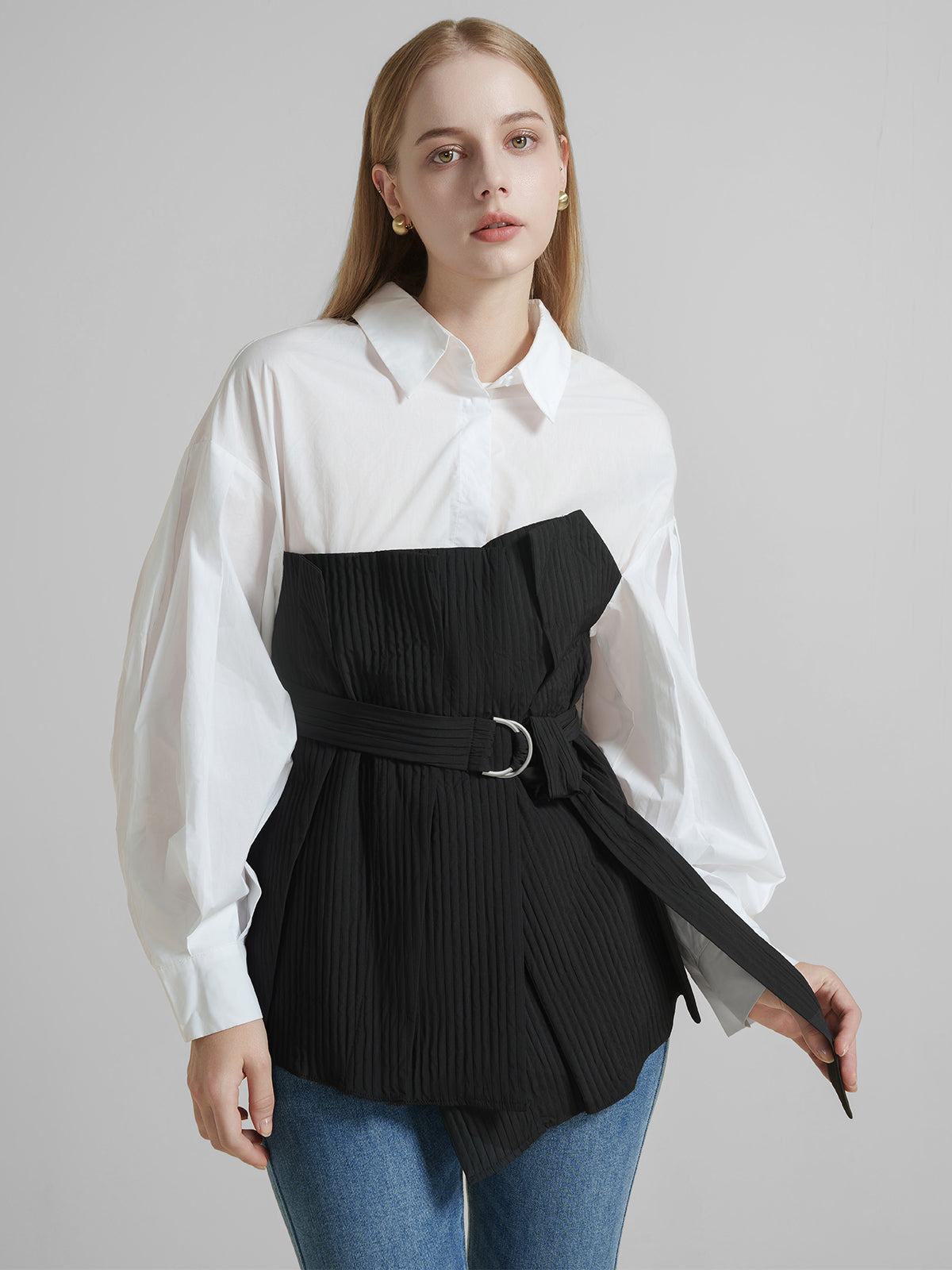 Pleated Textured Patchwork Shirt