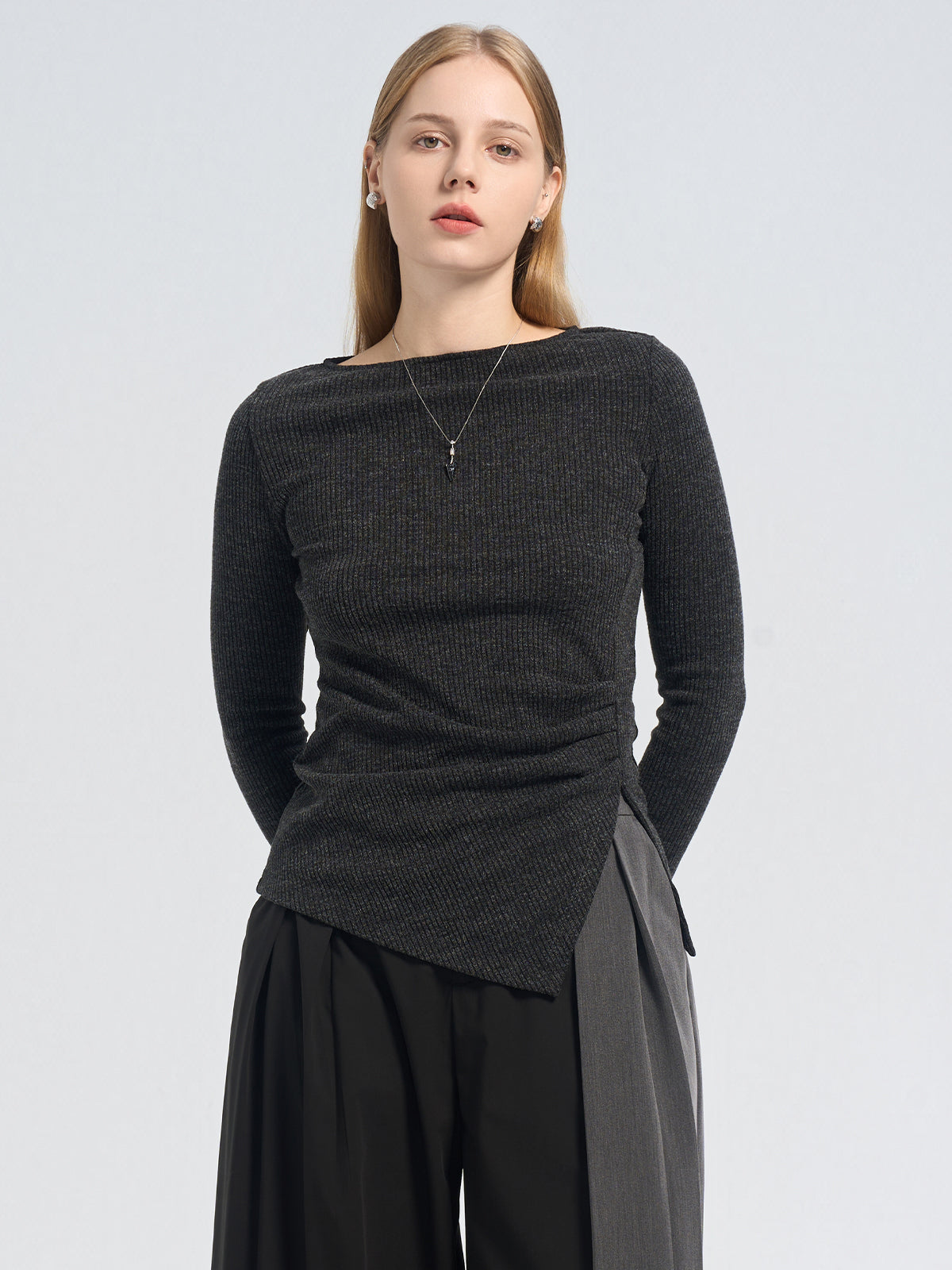 Asymmetric Pleat Rib Sweater