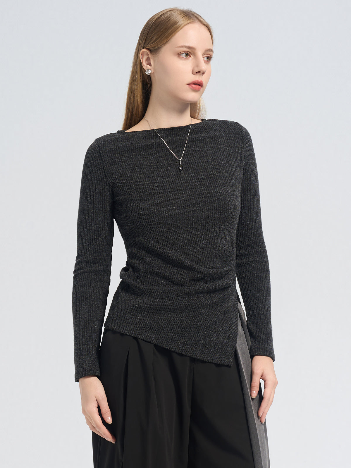 Asymmetric Pleat Rib Sweater