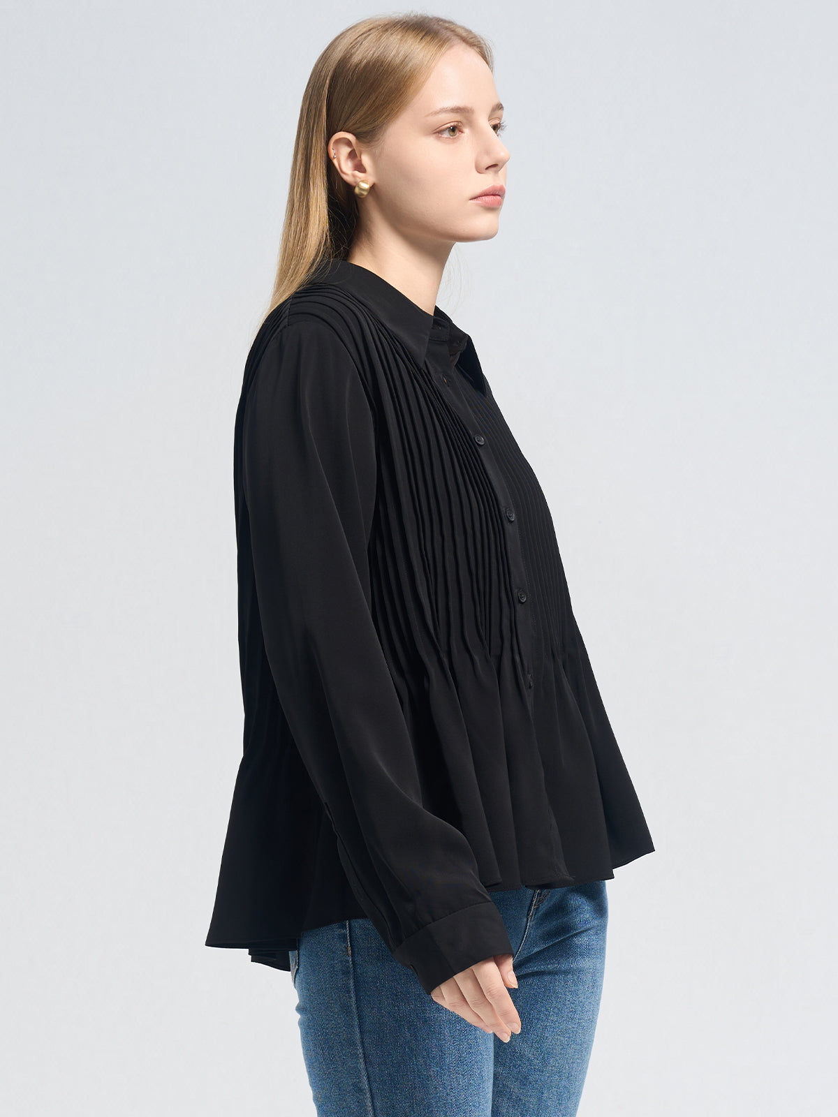 Pleated Button-Up Shirt