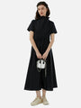 Vintage Pleated Waist Stand Collar Dress