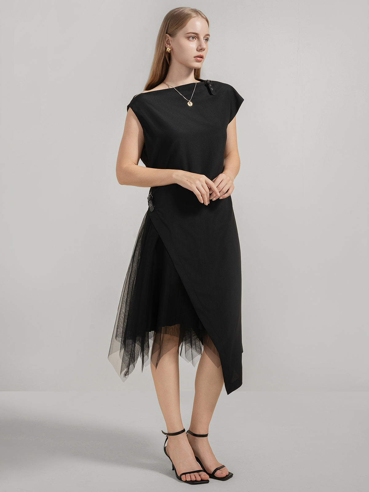 Asymmetric Sleeves Leather Buckles Dress