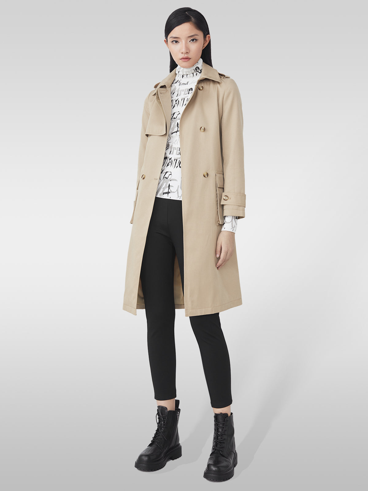 Lapel Double Breasted Waist Long Trench Coat