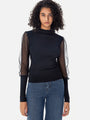 Mock Neck Mesh Sleeve Slim Knit Top