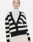 Elevate your style with this loose-fit V-neck cardigan featuring classic black and white stripes, stylish button details.