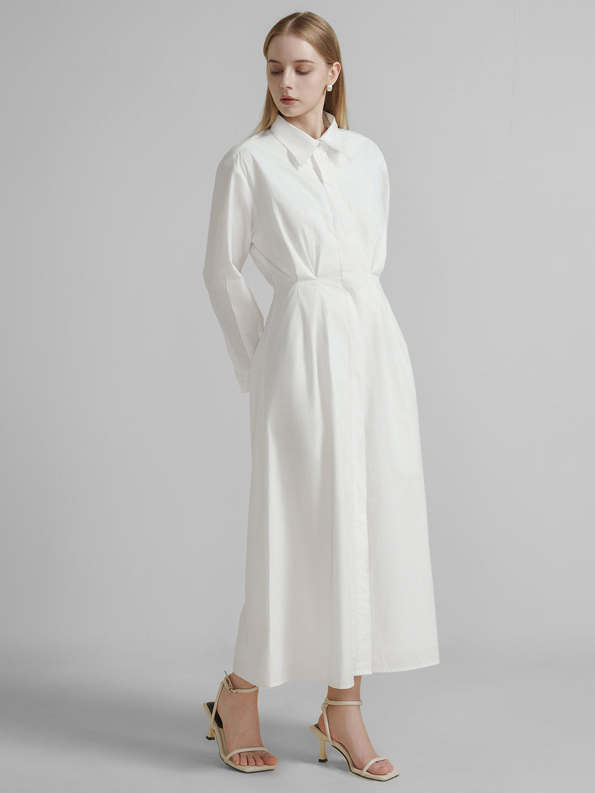 Ruched Button-Up Maxi Shirtdress