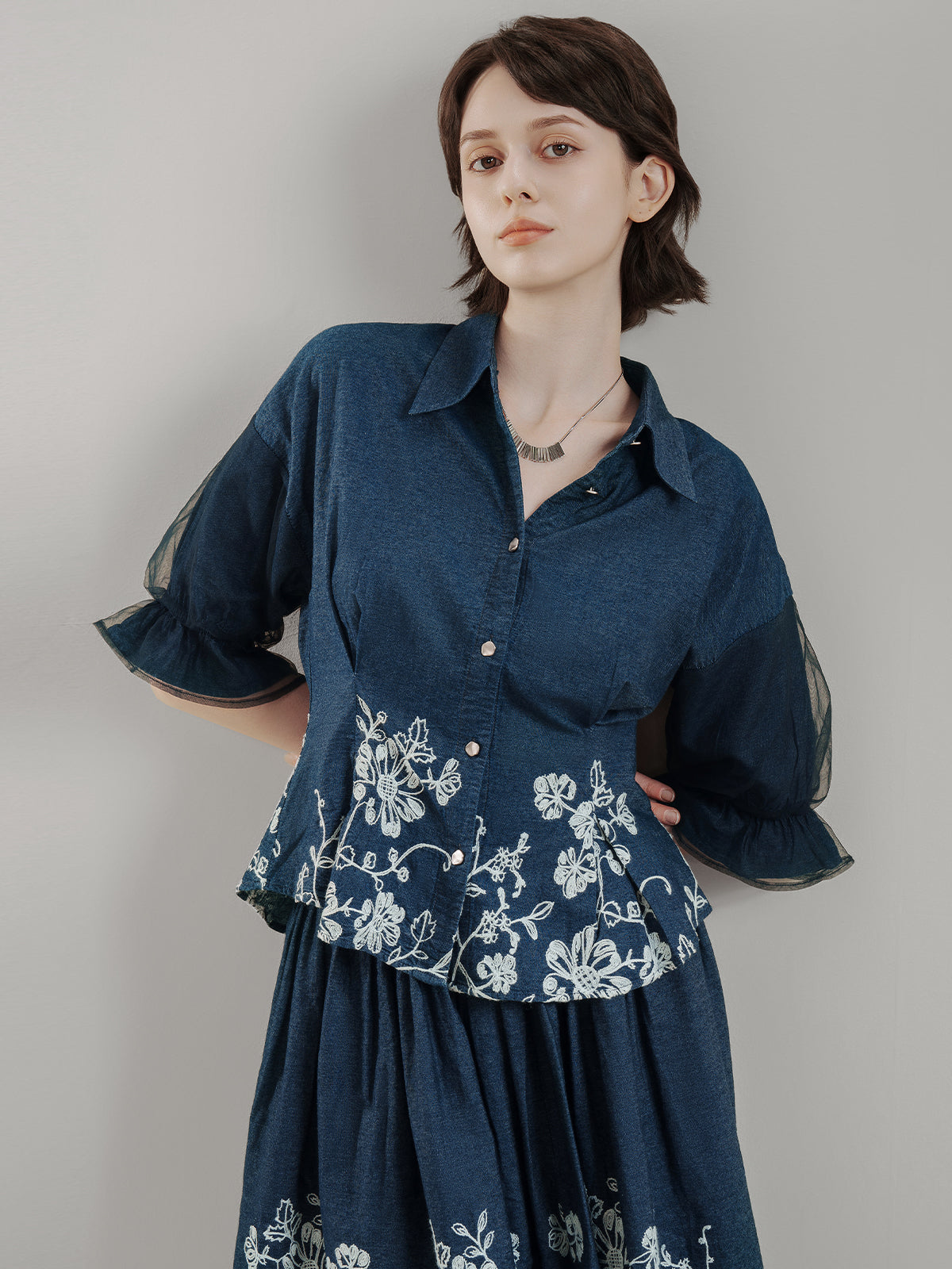 Bloom Embroidery Cinched Shirt