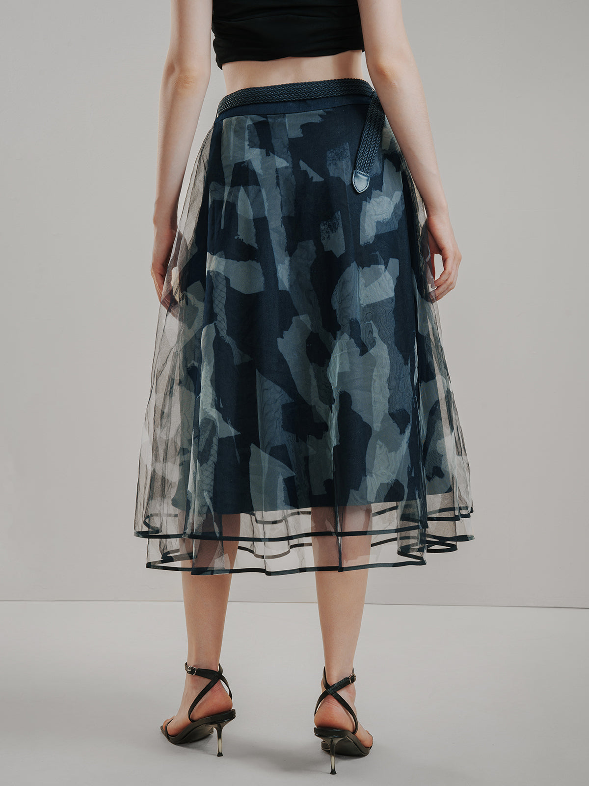 Belted Allover Printed Tulle Skirt