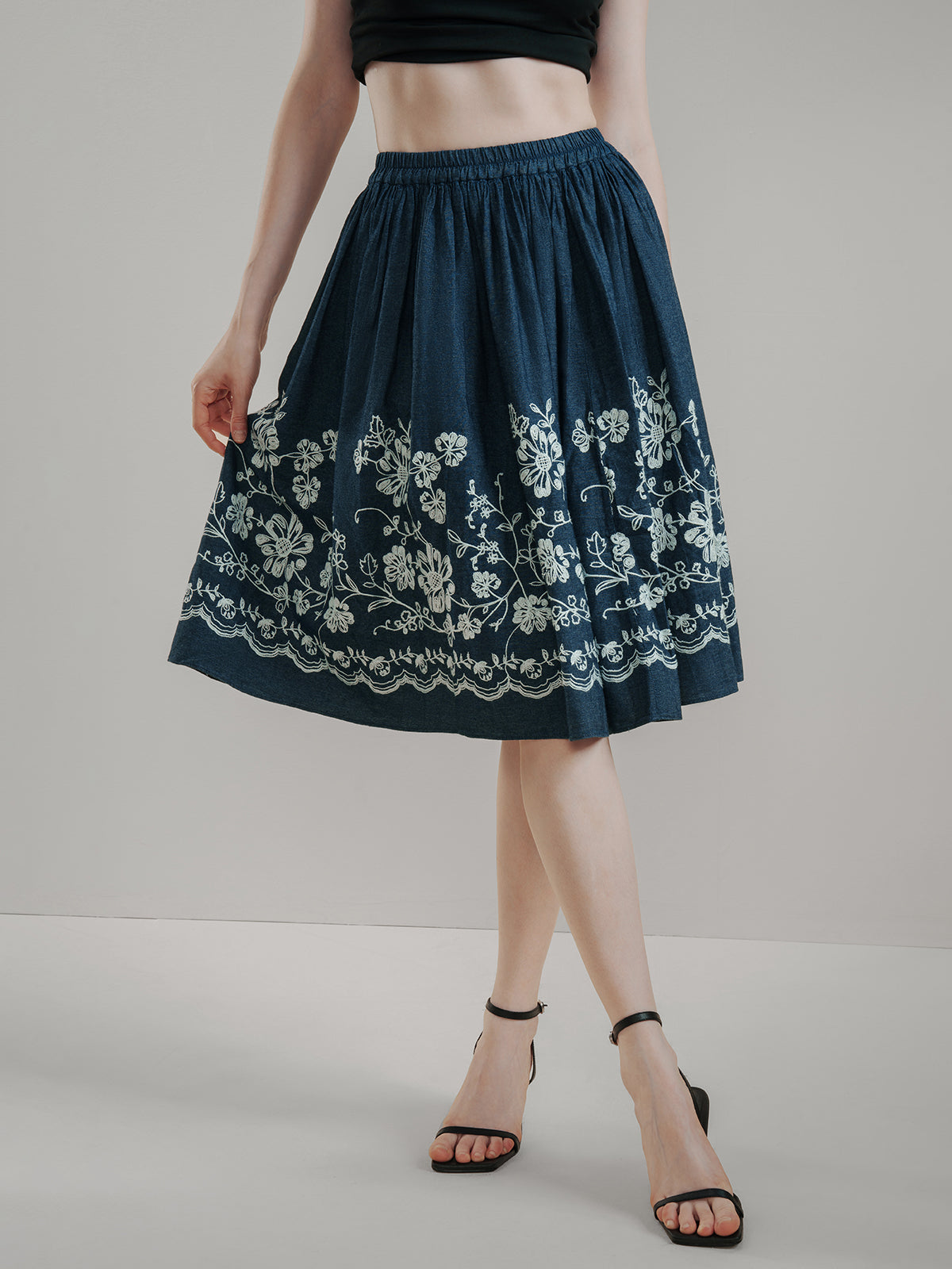 Blooms Embroidery Midi Skirt