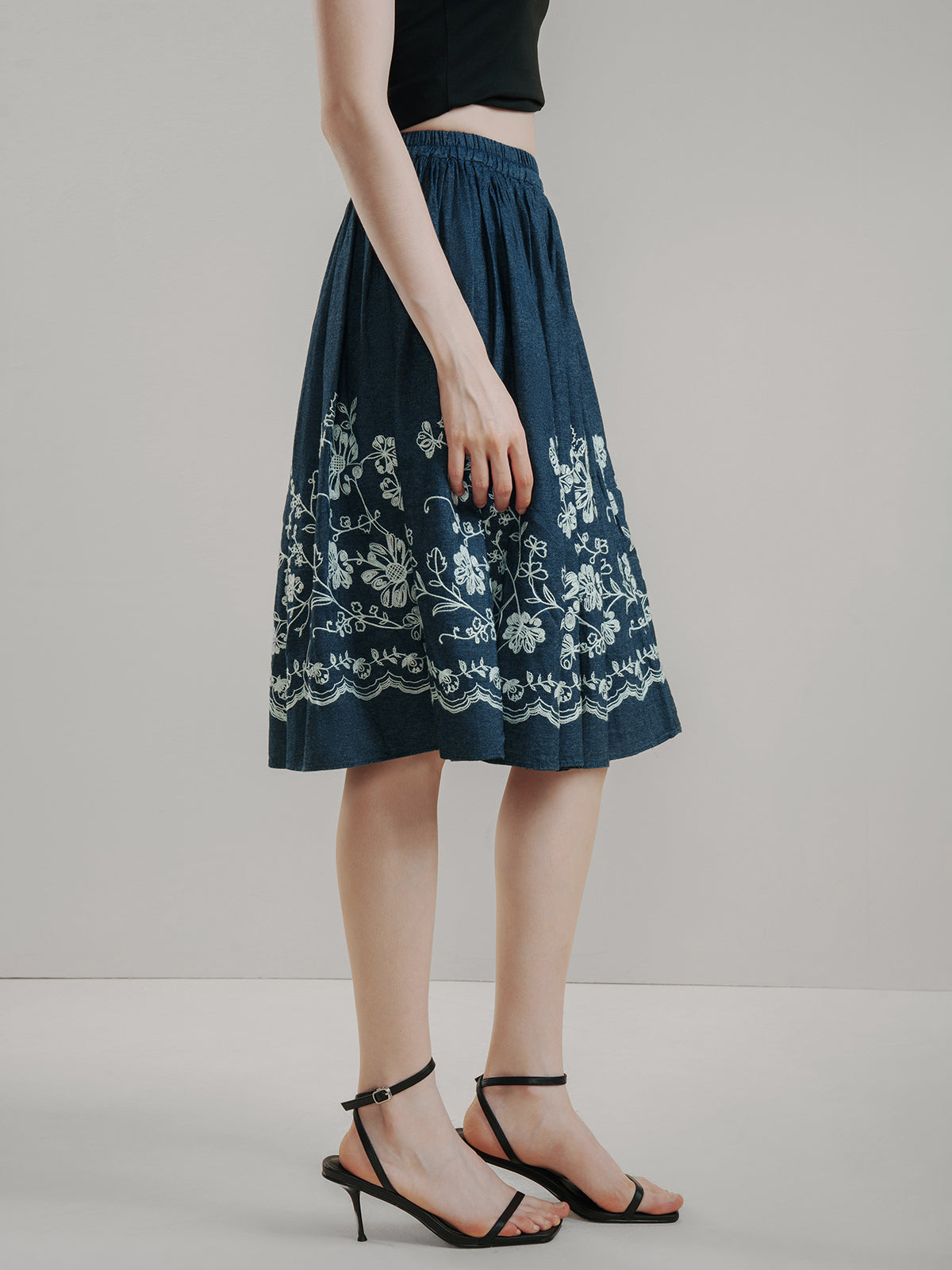 Blooms Embroidery Midi Skirt