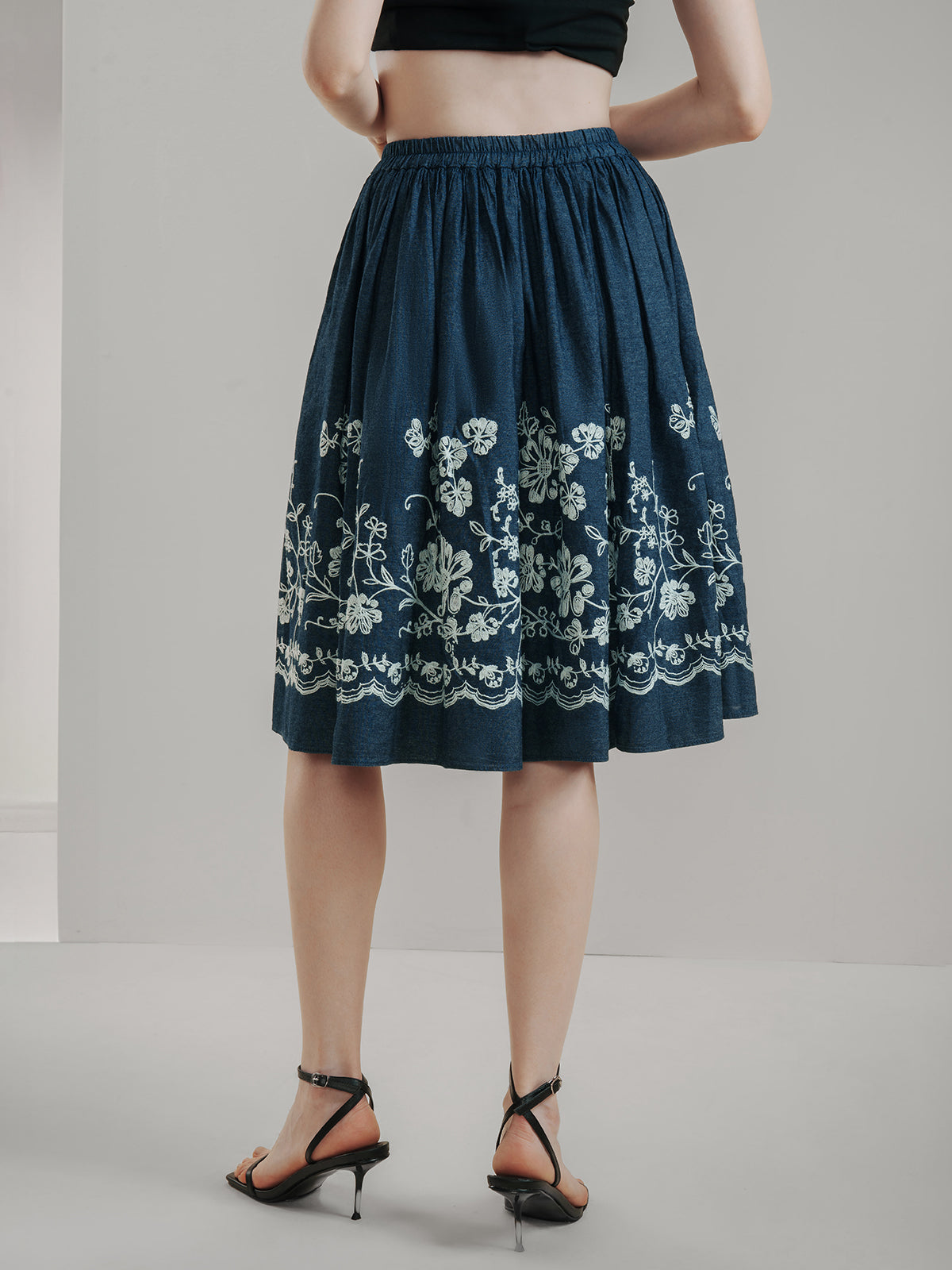 Blooms Embroidery Midi Skirt