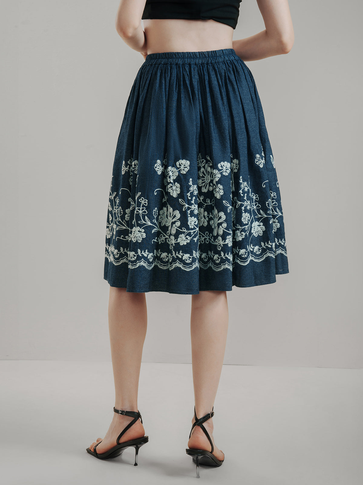 Blooms Embroidery Midi Skirt