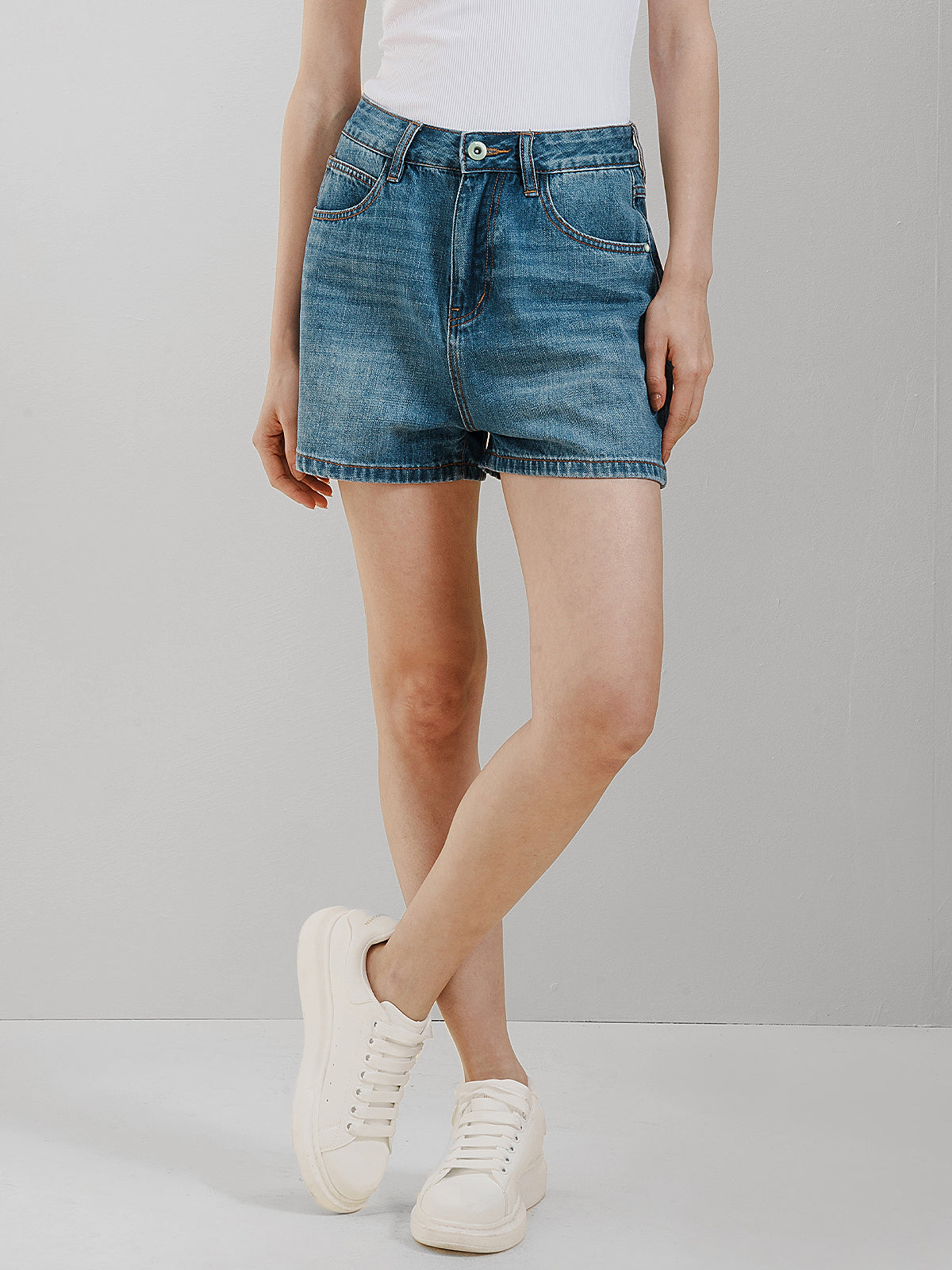 Mid Rise Denim Shorts