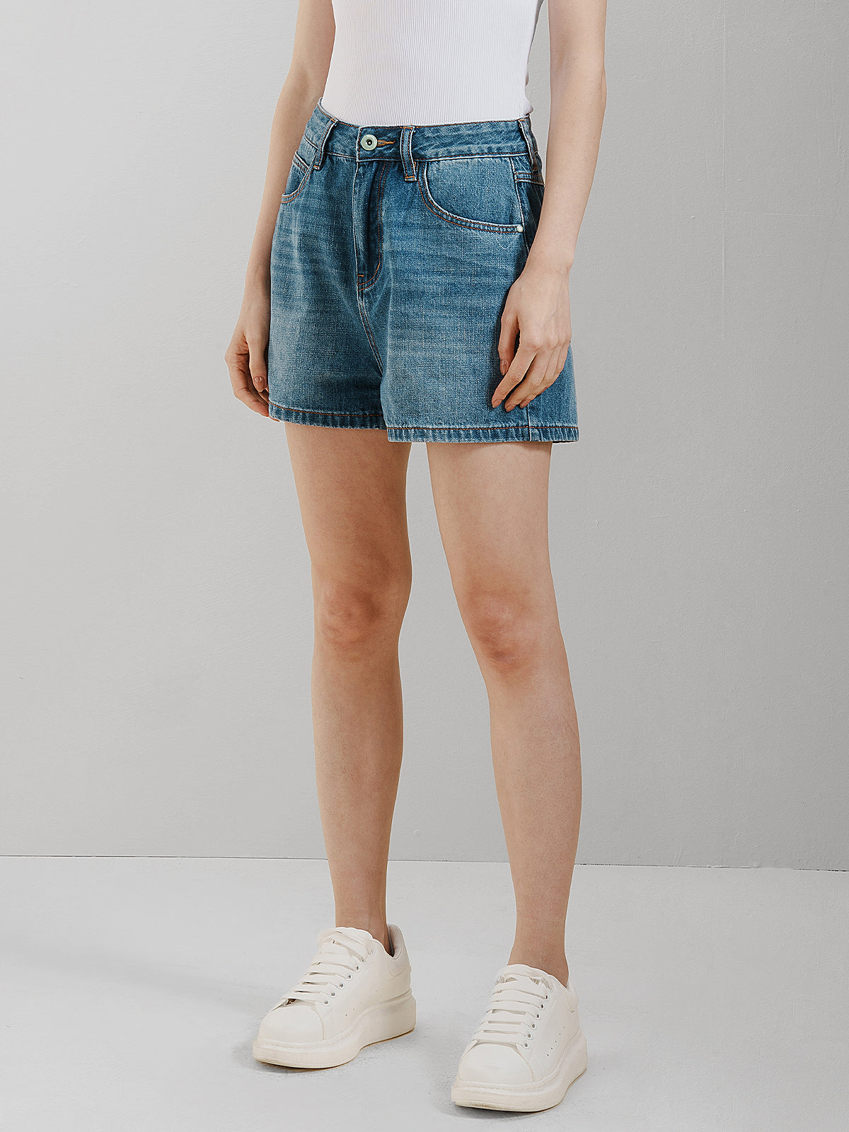 Mid Rise Denim Shorts