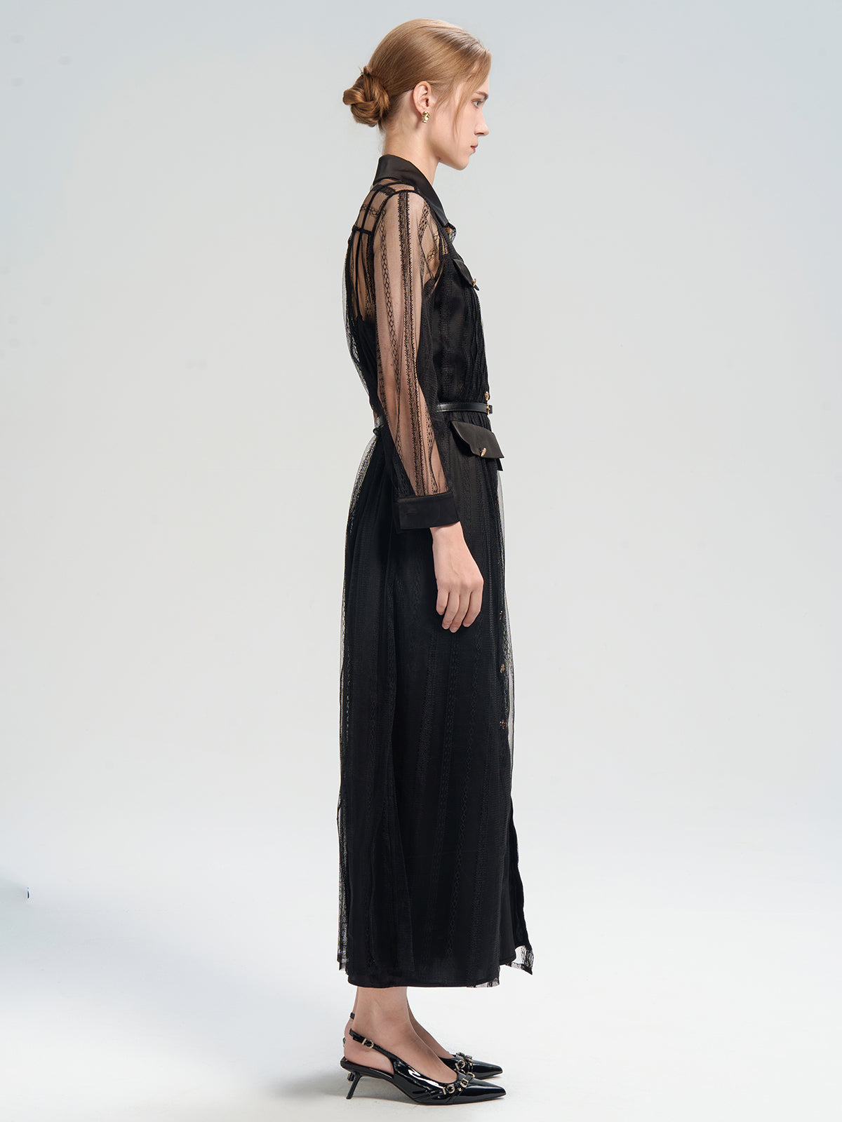 Sheer Lace Belted Maxi Dress