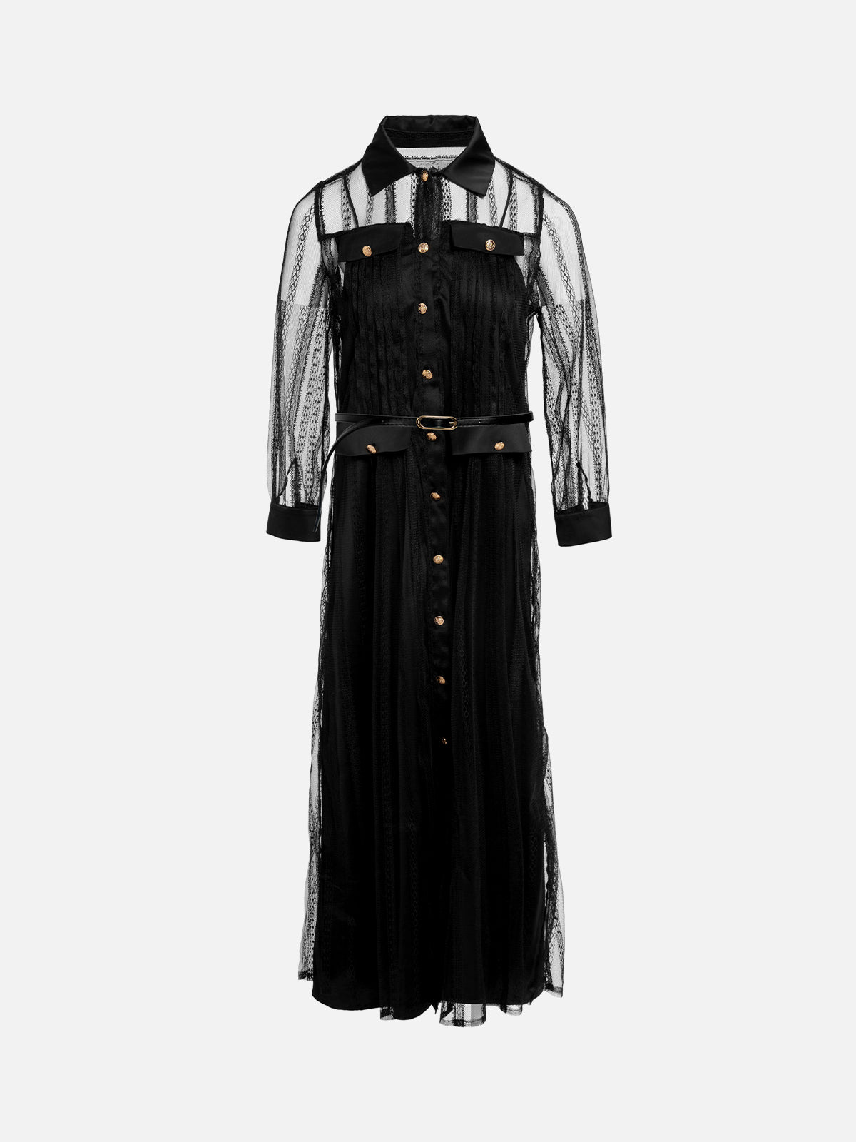 S·DEER black sheer dress, displaying its intricate design with gold-tone buttons