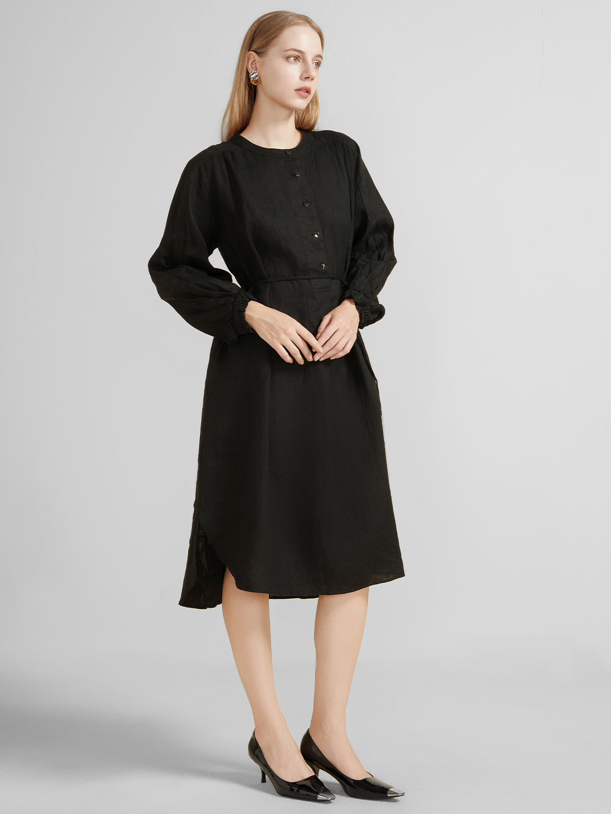 Tie Belt Linen Midi Dress