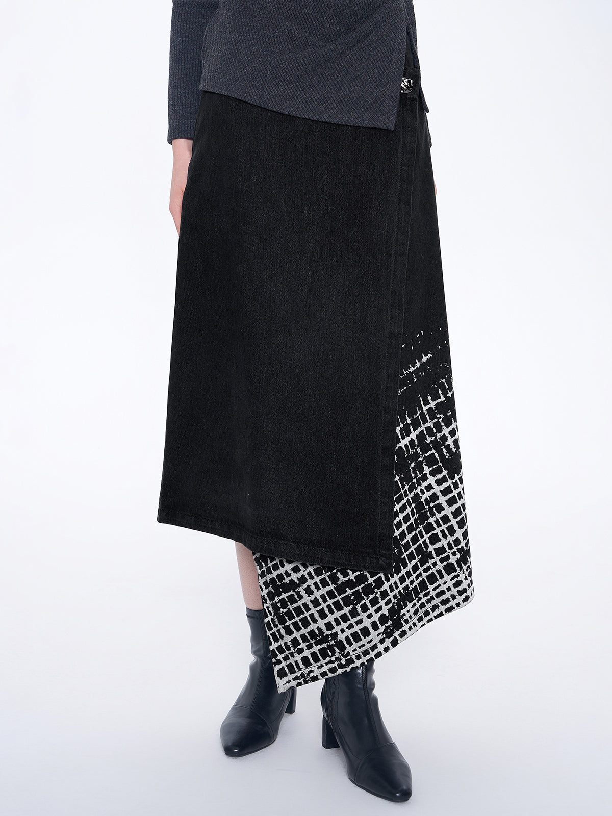 Checked Asymmetric Denim Skirt