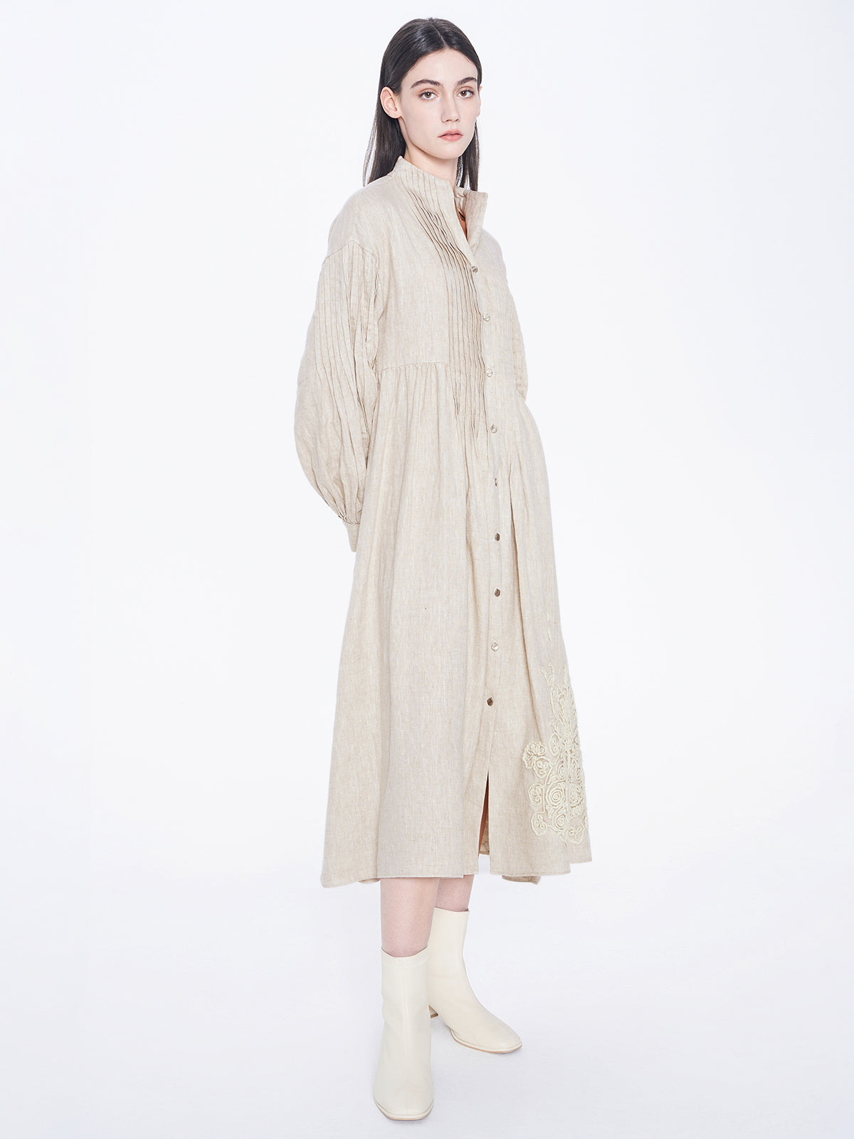 Pleat Button up Linen Dress