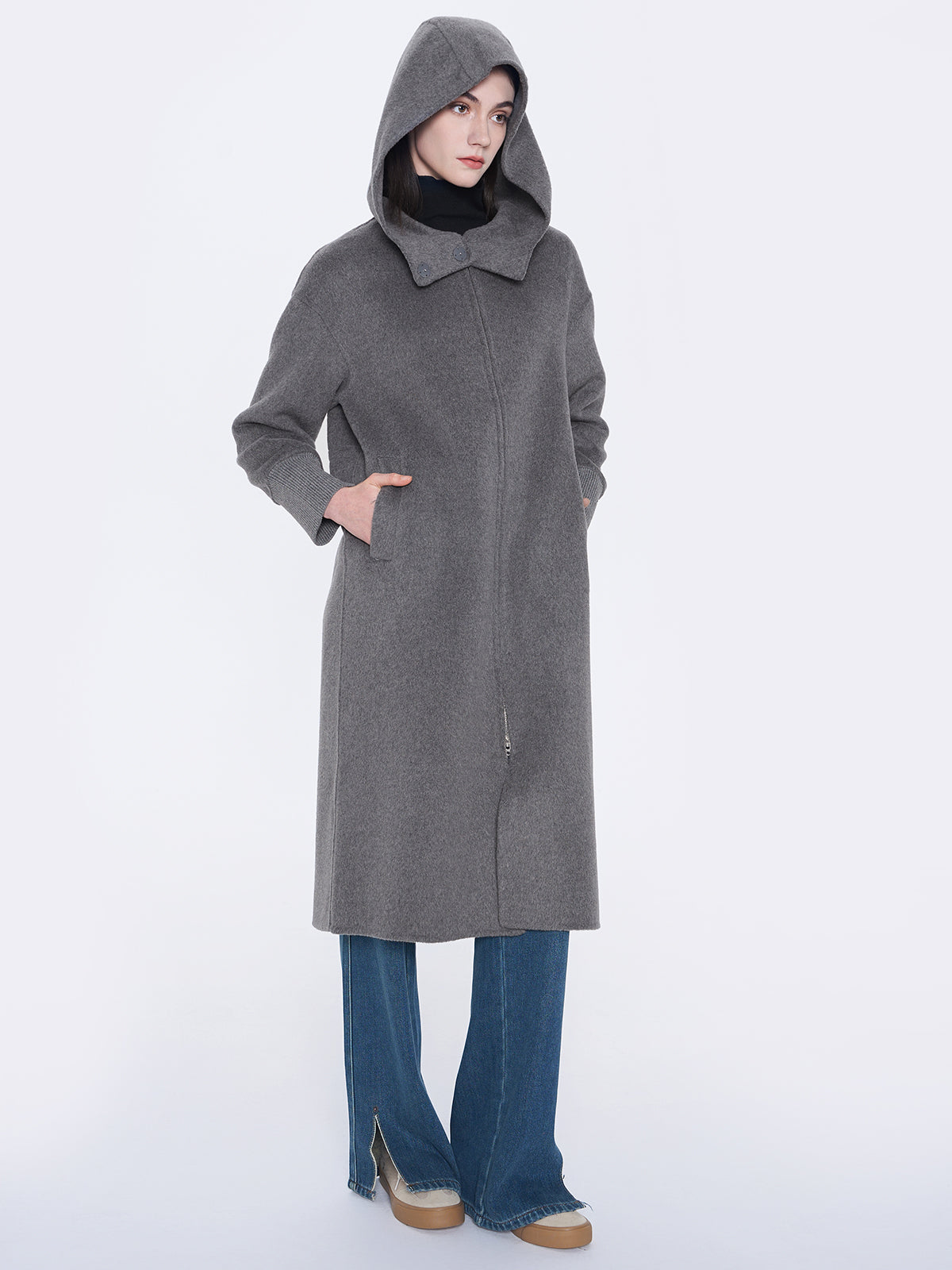 Zip Front Hooded Wool Coat