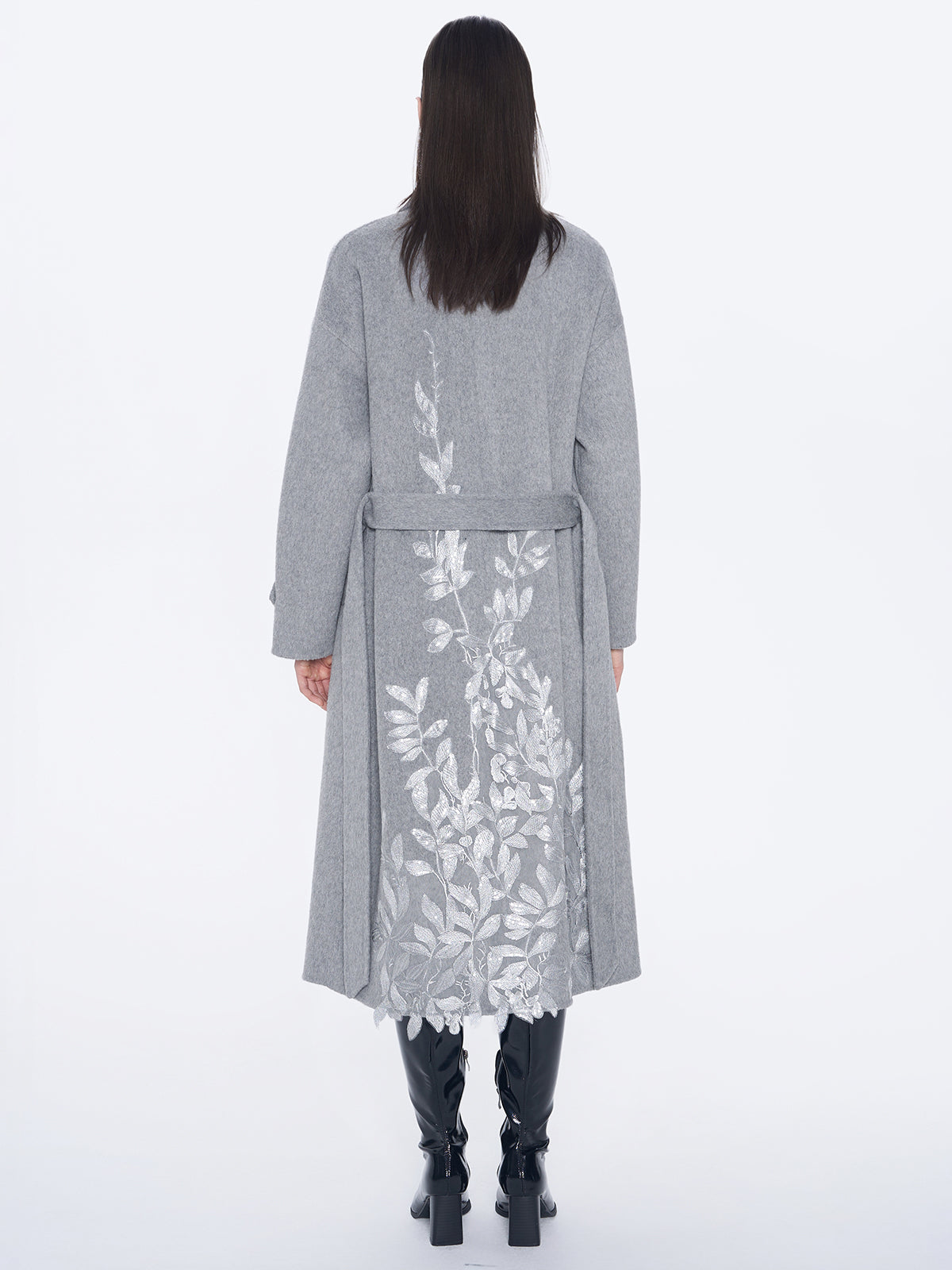 Embroidery Longline Wool Coat