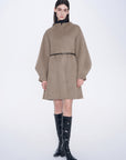 Waist-Tie Bubble Sleeve Wool Coat