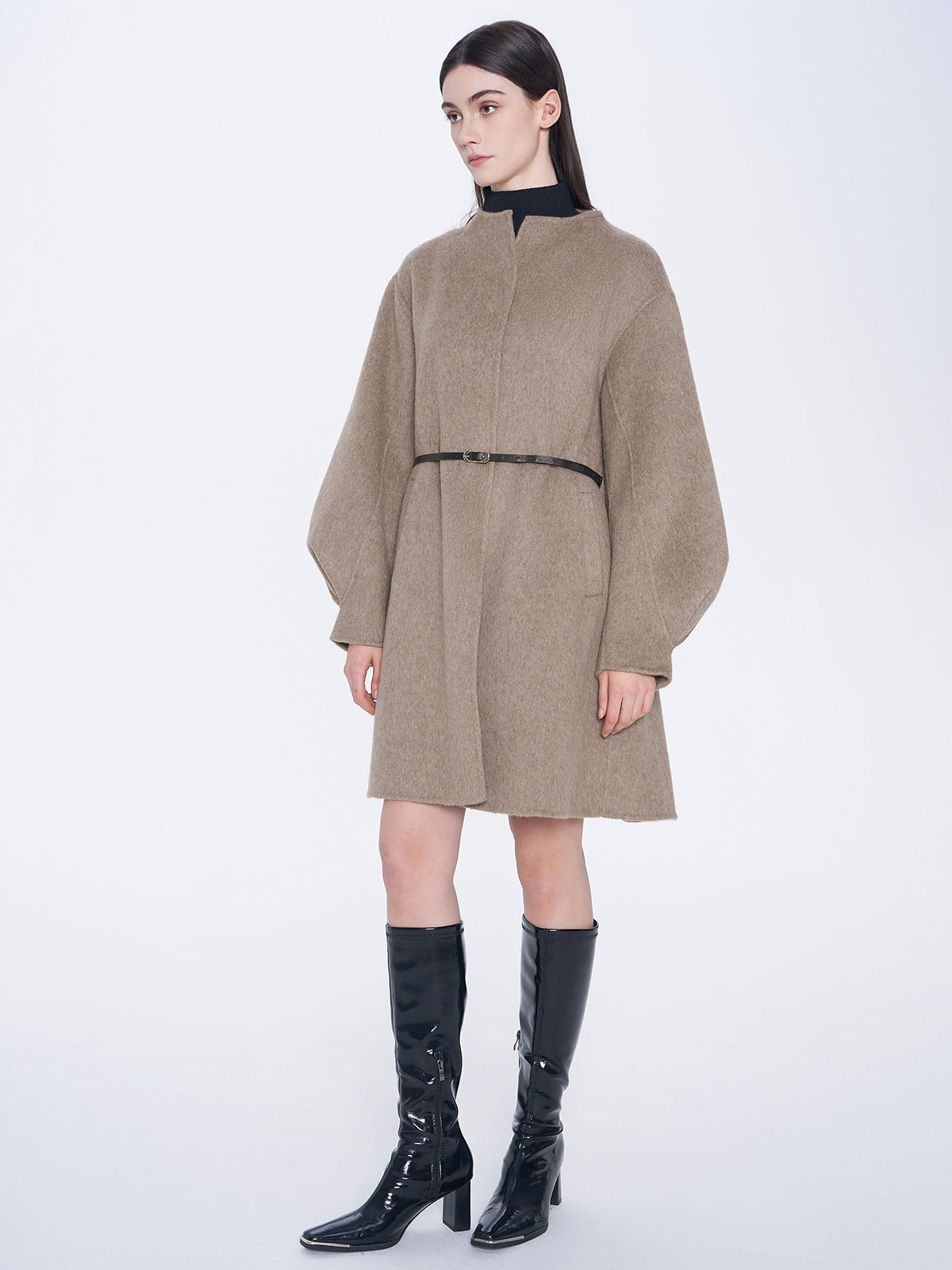 Waist-Tie Bubble Sleeve Wool Coat