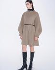 Waist-Tie Bubble Sleeve Wool Coat