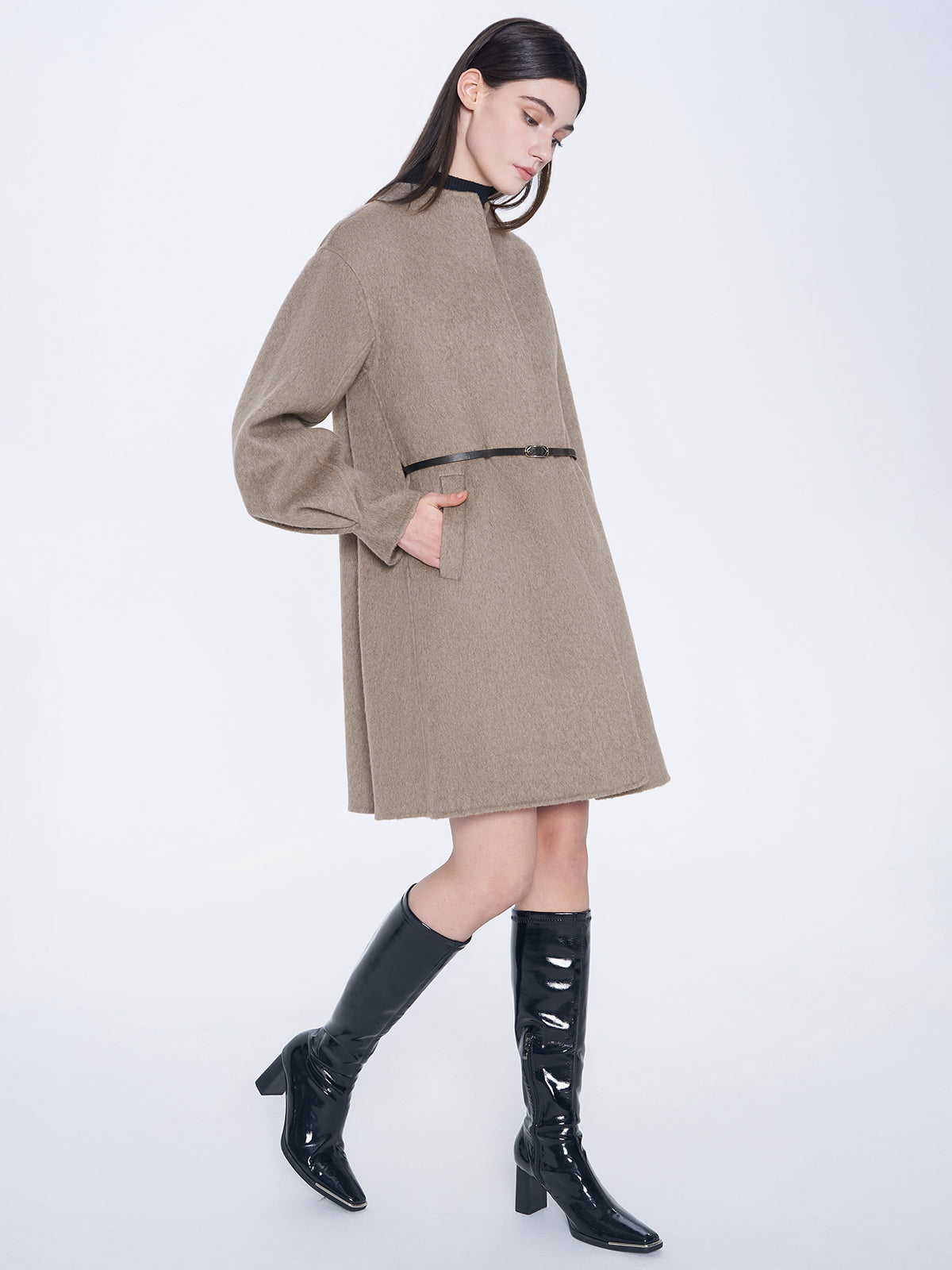 Waist-Tie Bubble Sleeve Wool Coat