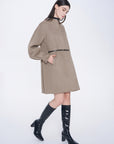 Waist-Tie Bubble Sleeve Wool Coat