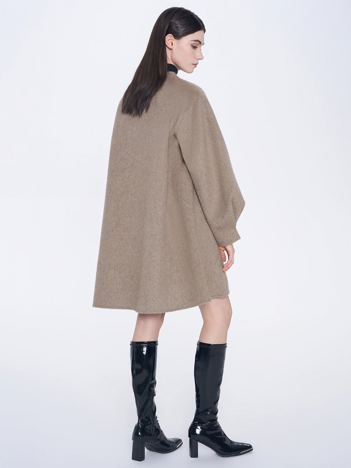 Waist-Tie Bubble Sleeve Wool Coat