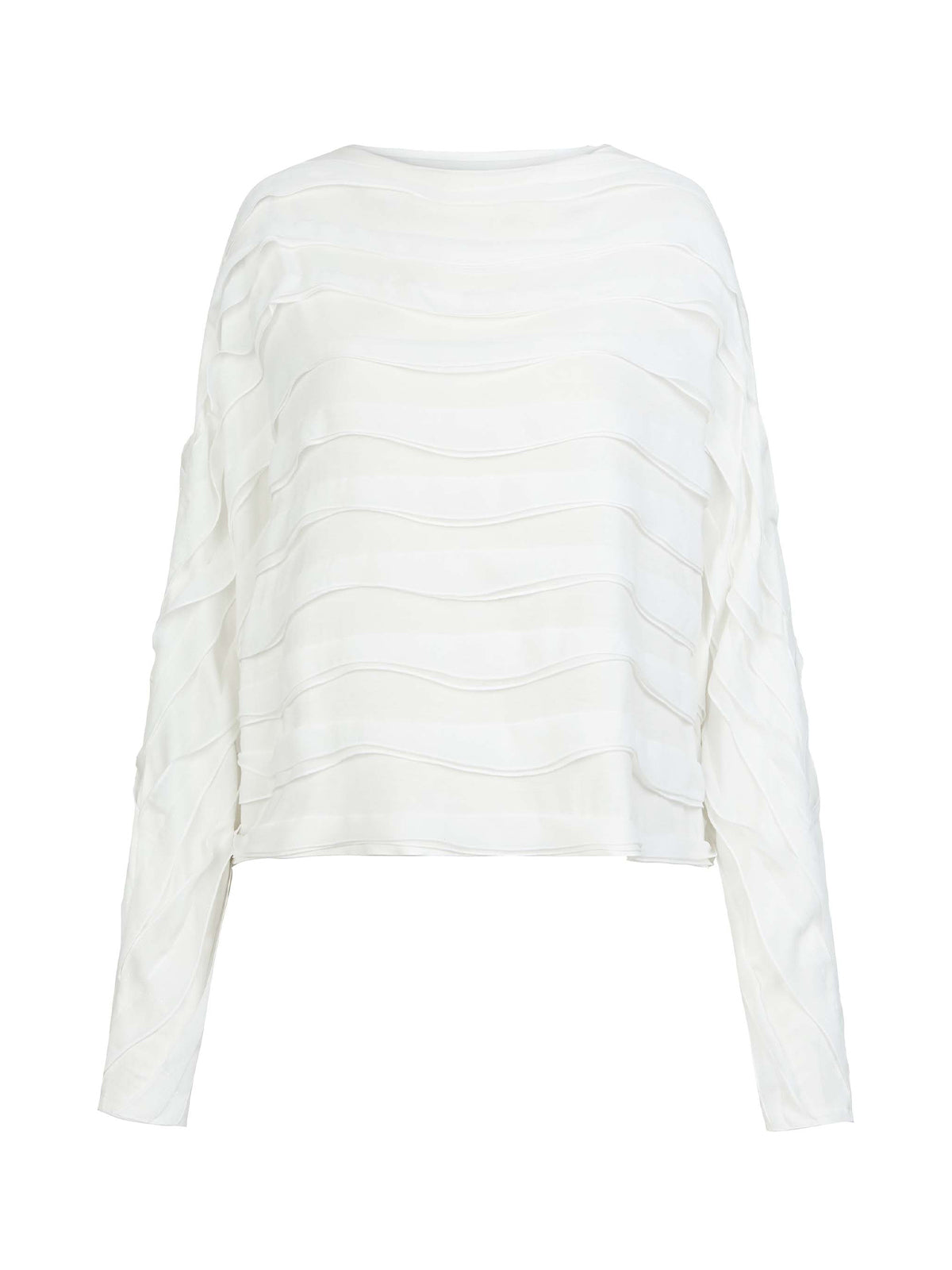 White textured long-sleeve blouse with wavy layered design, loose fit, and modern minimalist style, perfect for elegant casual wear