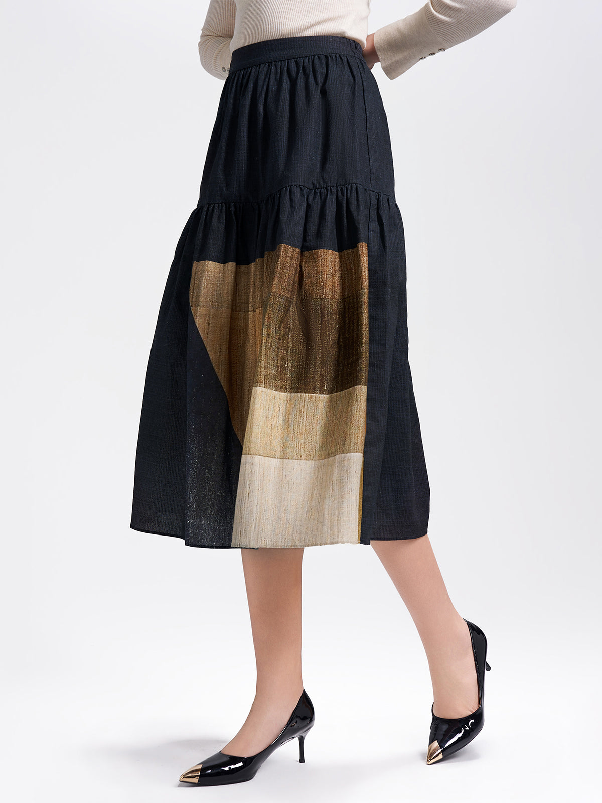 S·DEER patchwork tiered midi skirt with elastic waistband