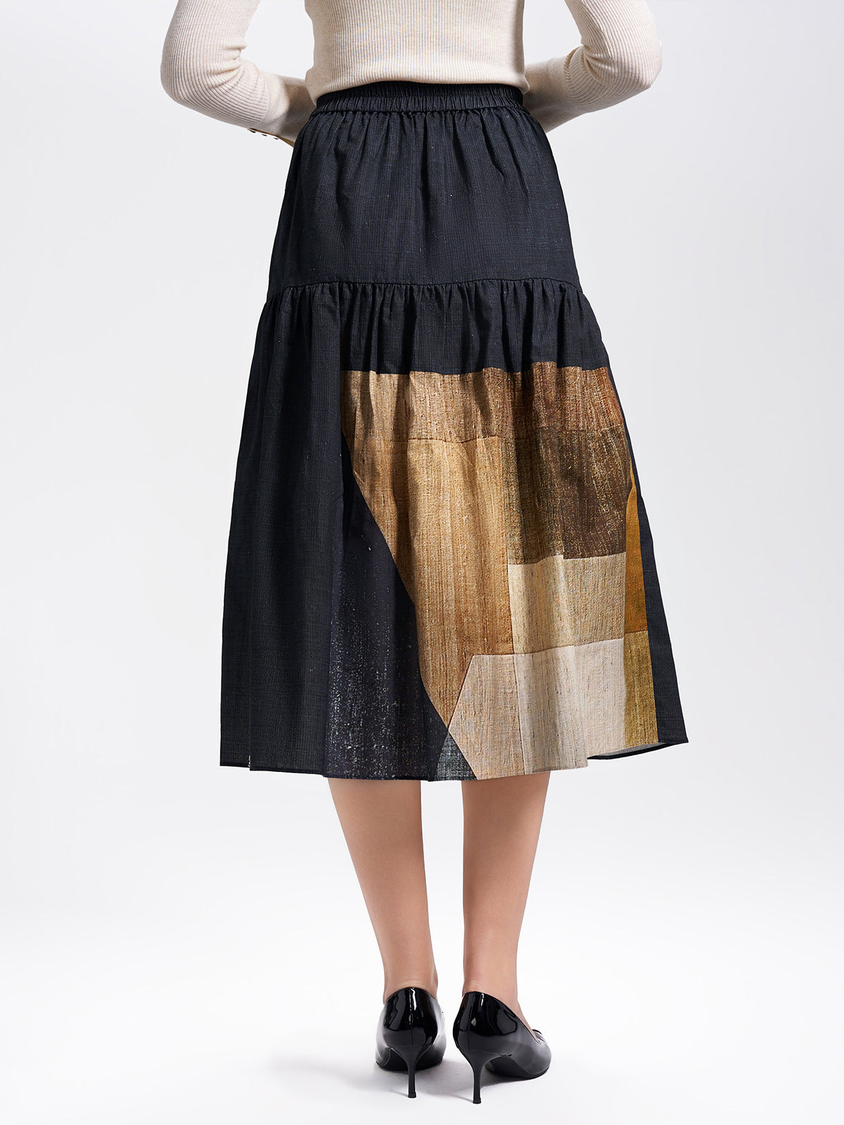 S·DEER patchwork tiered midi skirt with elastic waistband