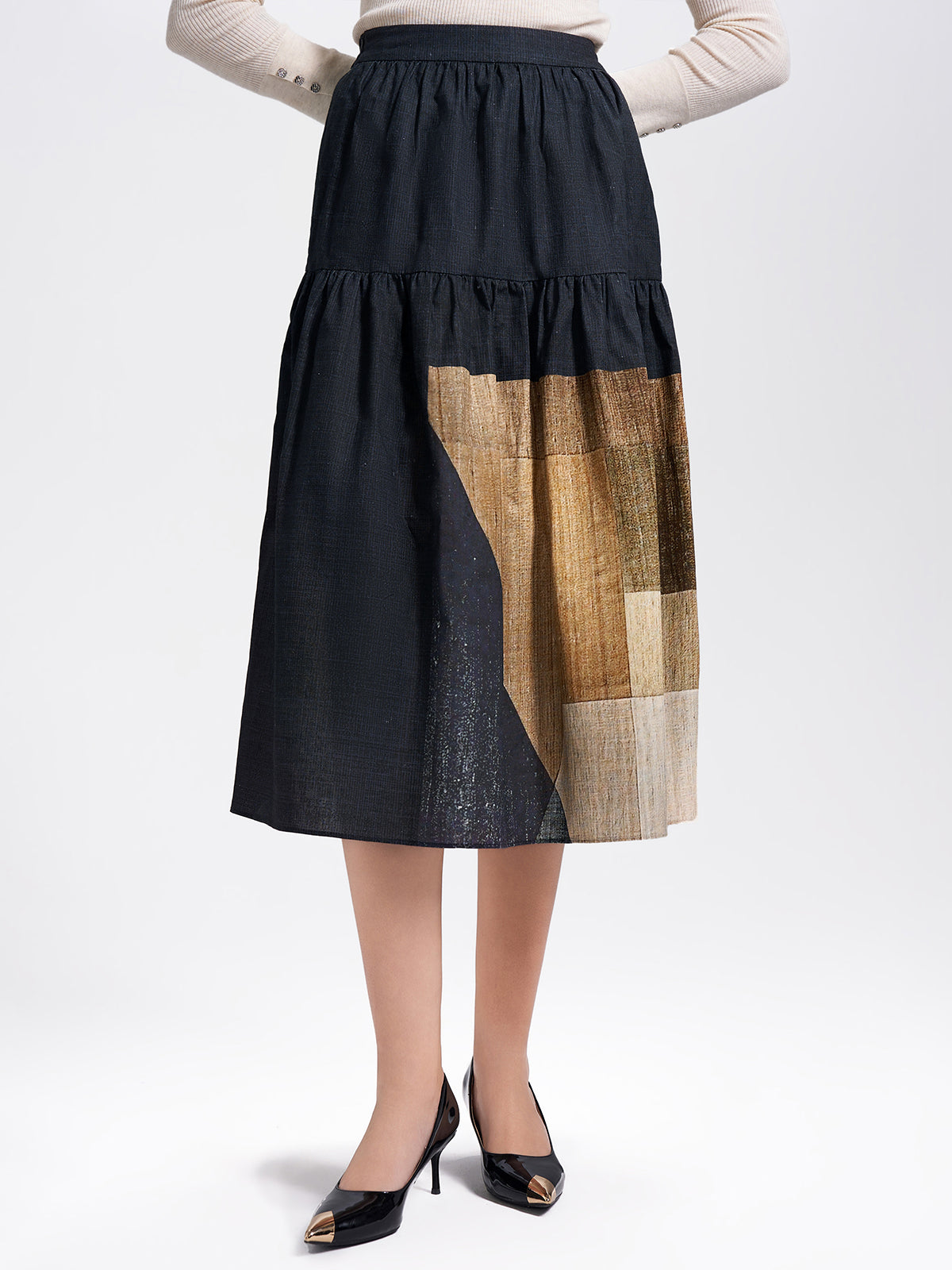 S·DEER patchwork tiered midi skirt with elastic waistband