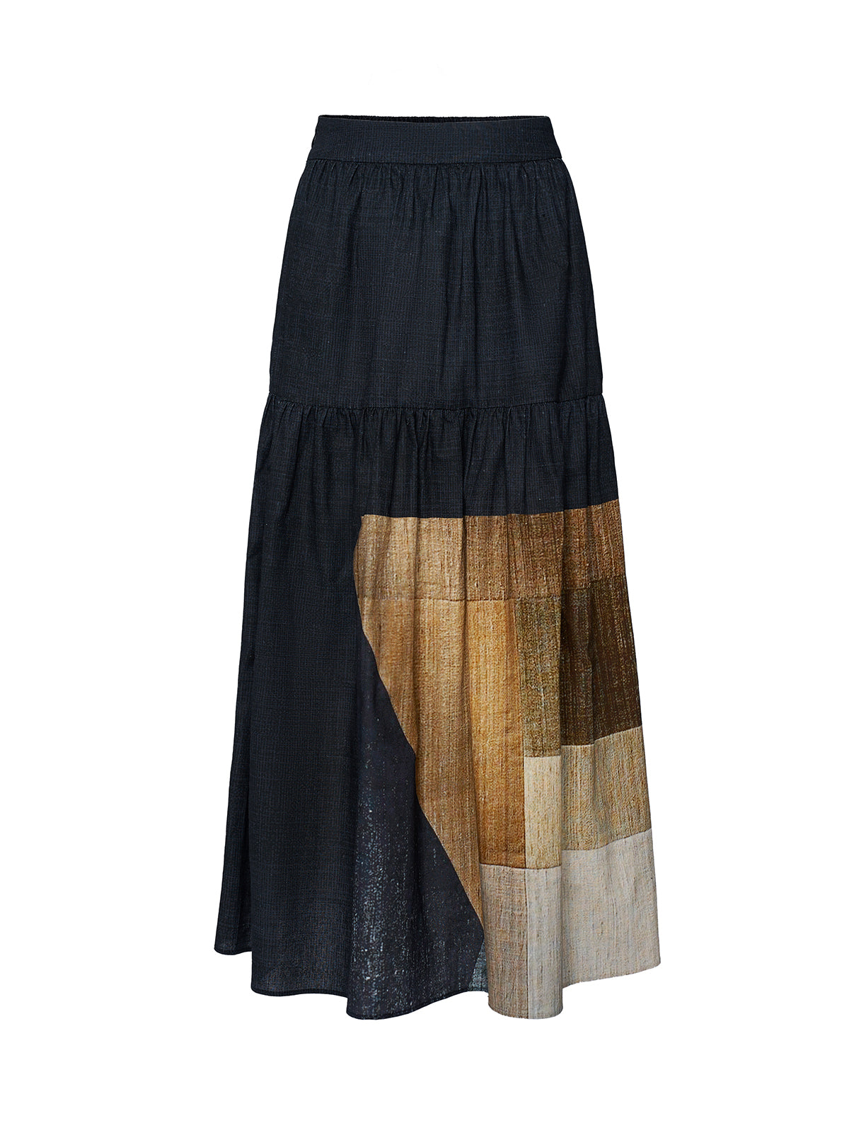 S·DEER patchwork tiered midi skirt with elastic waistband