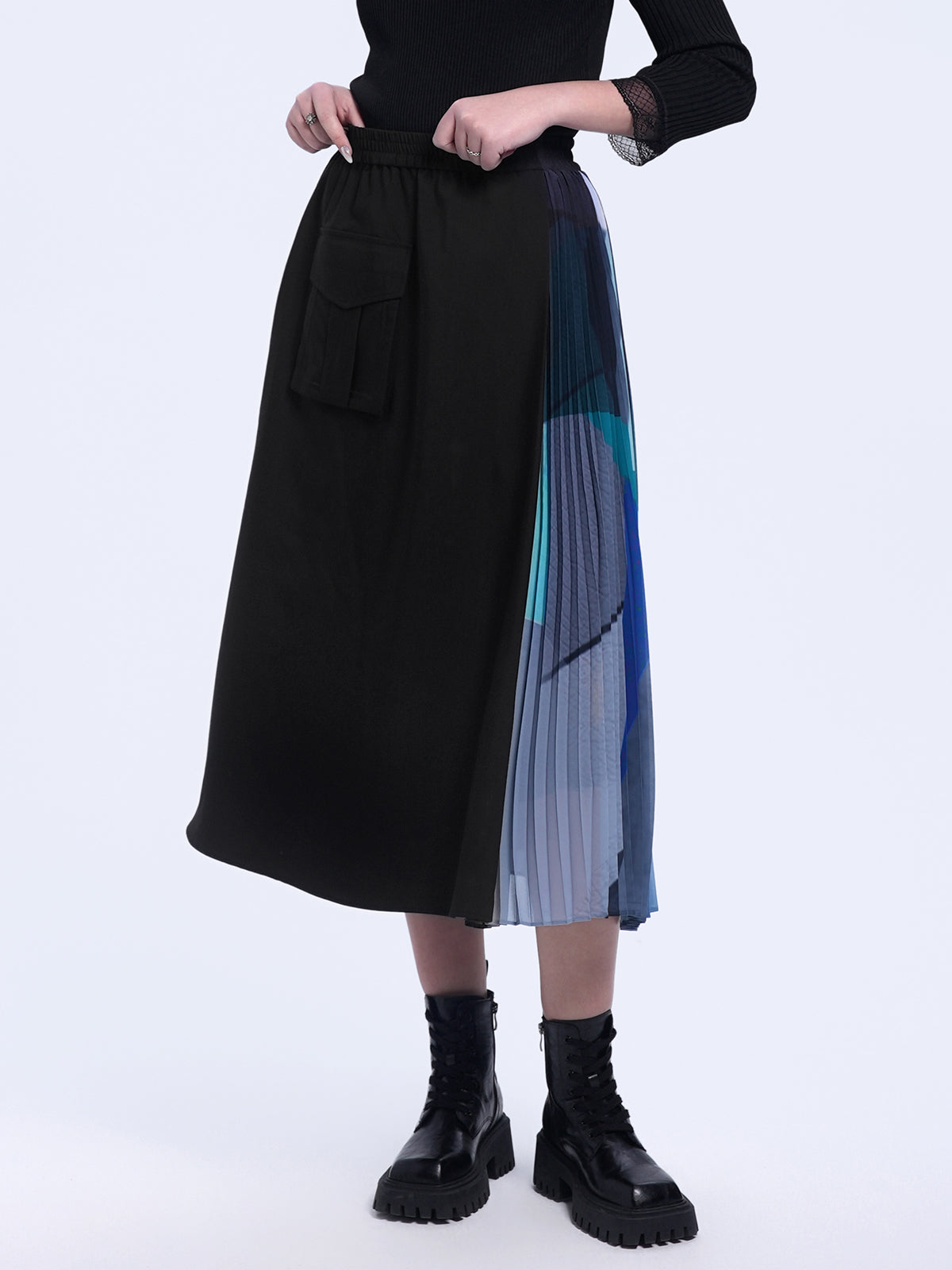 Colorblock Pleated Midi Skirt