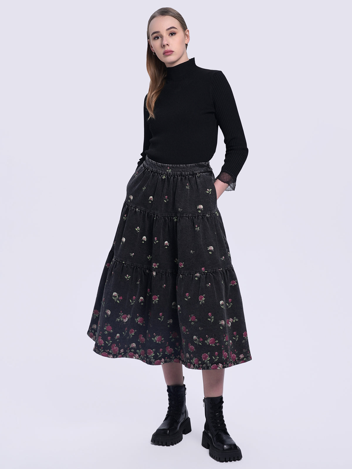 Floral Print Tiered Denim Midi Skirt