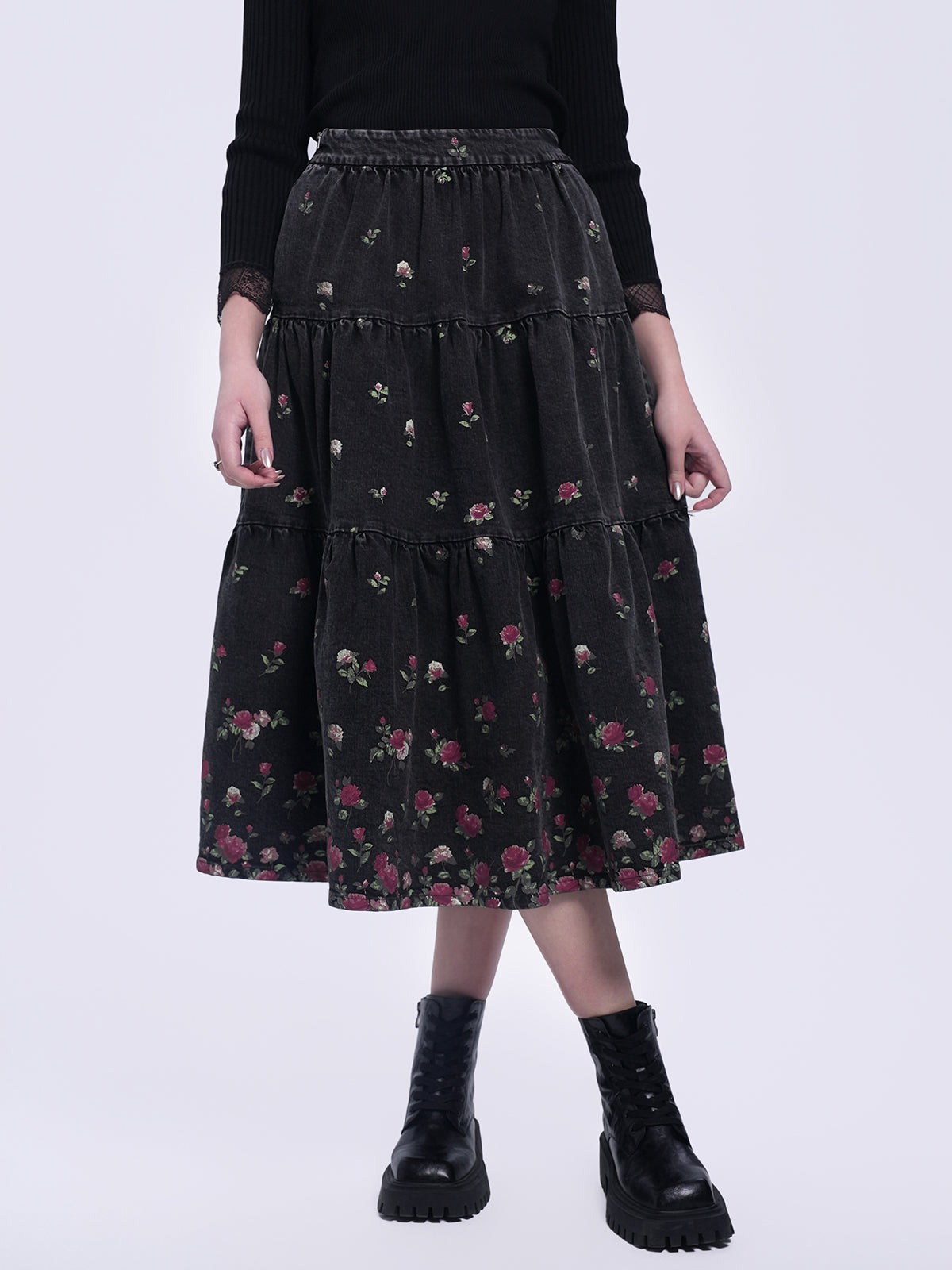 Floral Print Tiered Denim Midi Skirt