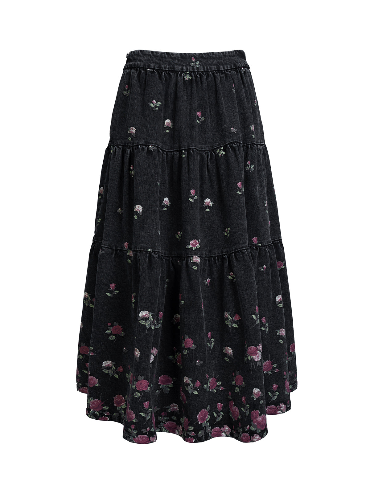 Floral Print Tiered Denim Midi Skirt