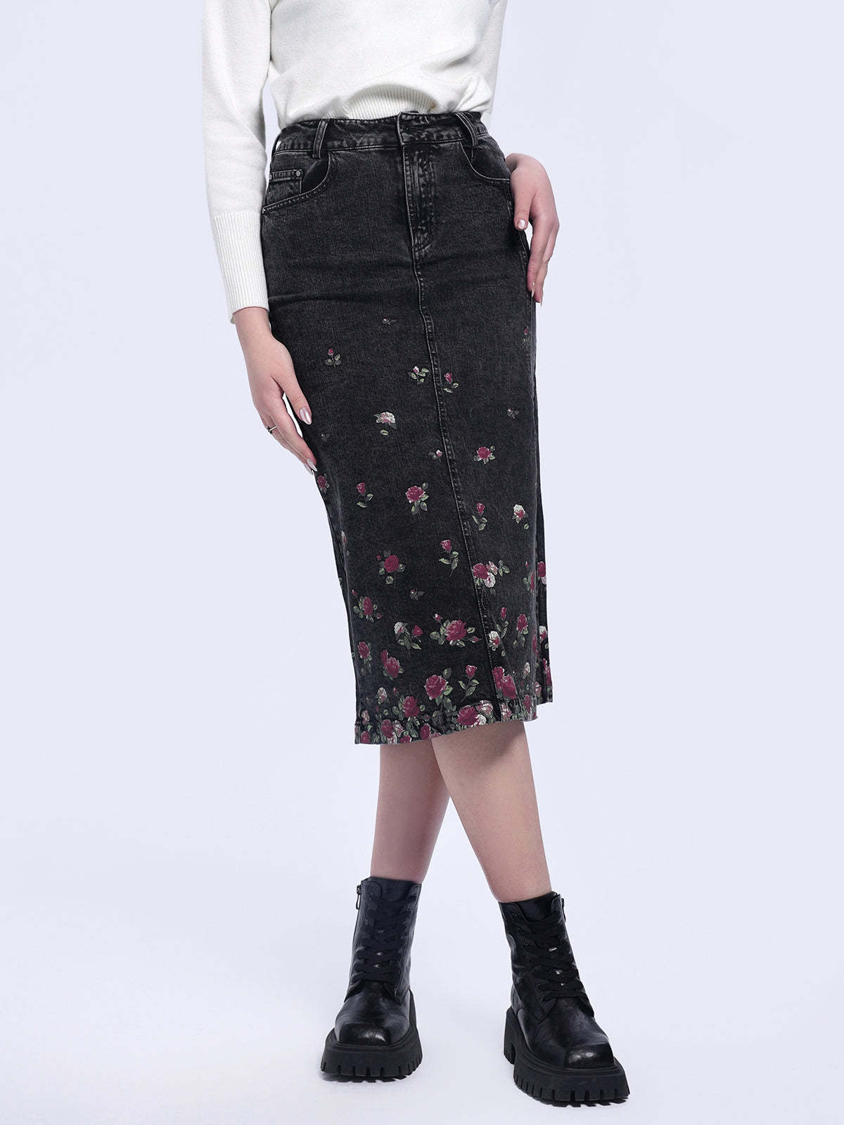 Floral Print Denim Pencil Skirt