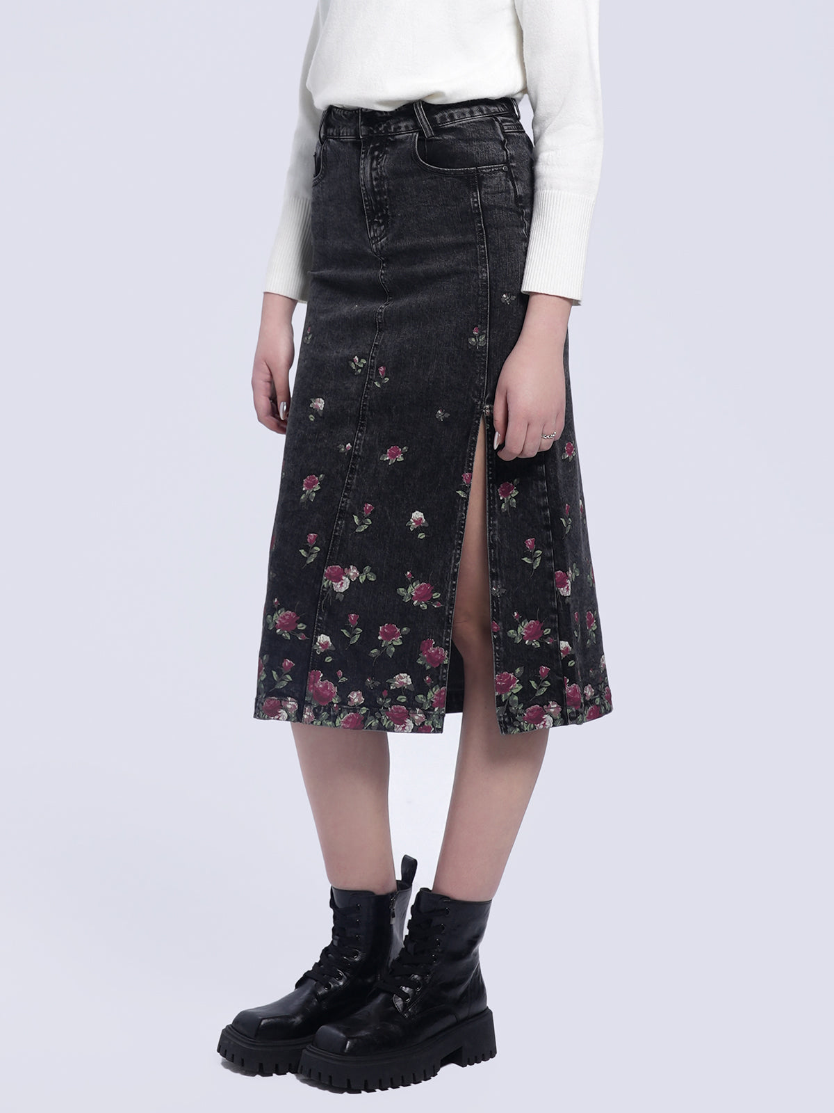 Floral Print Denim Pencil Skirt