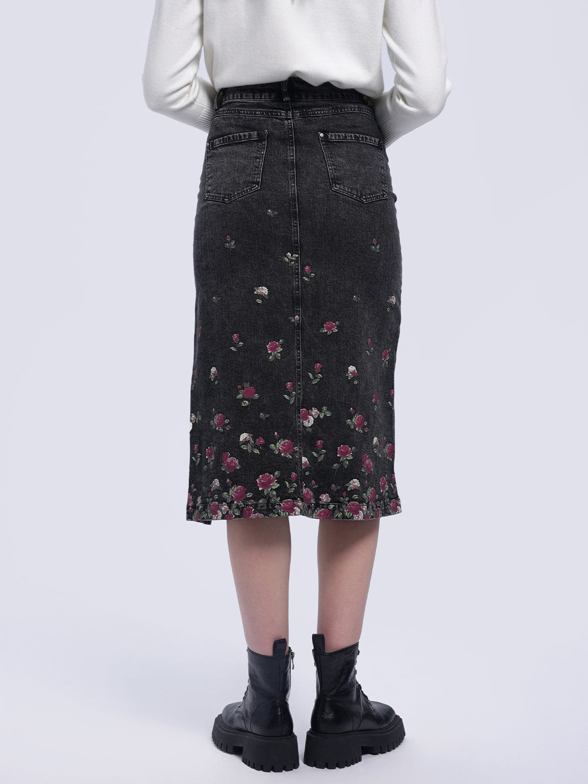 Floral Print Denim Pencil Skirt