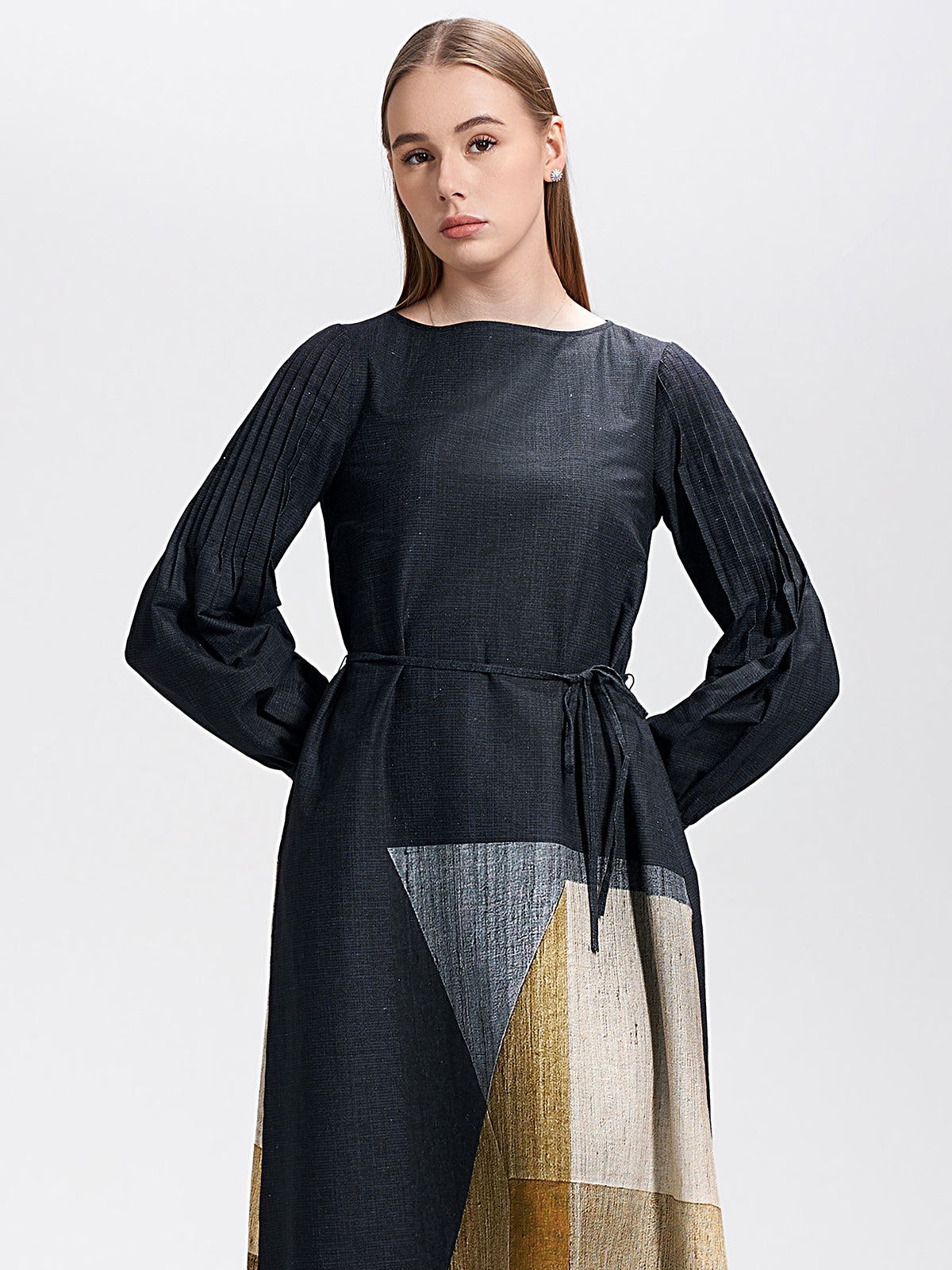 S·DEER dark blue geometric print dress with long sleeves and a waist tie