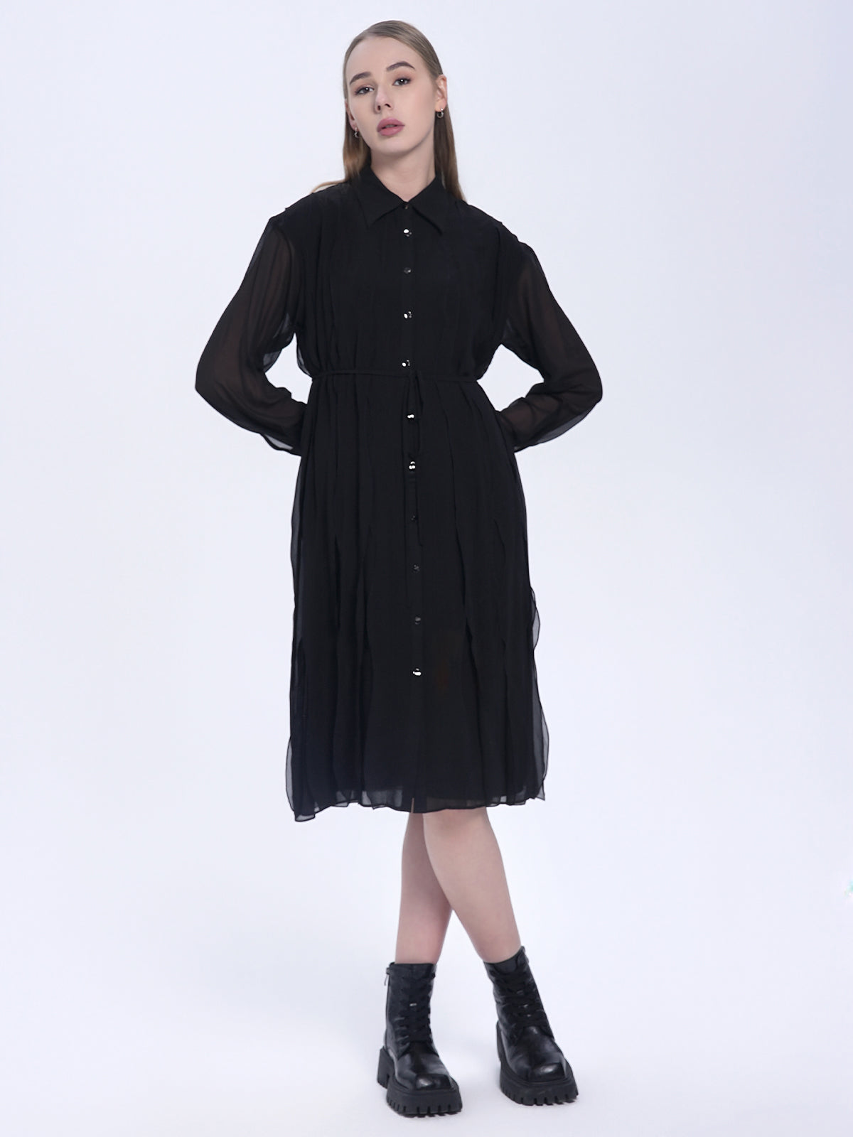 S·DEER black shirt dress with pleated design, featuring a button-up front and cinched waist