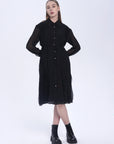 S·DEER black shirt dress with pleated design, featuring a button-up front and cinched waist