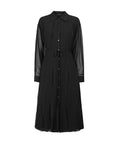 S·DEER black pleated shirt dress, highlighting its structured design with button-up detailing and pleated texture