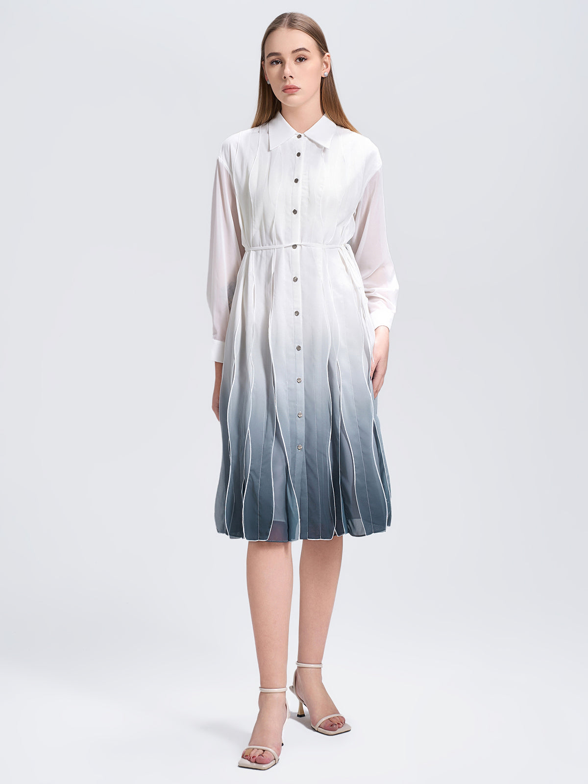 S·DEER button-up shirt dress with ombre pleats, featuring a gradual color transition from white to deep blue. Ideal for casual gatherings or office wear with a chic and modern touch