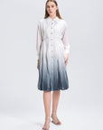 S·DEER button-up shirt dress with ombre pleats, featuring a gradual color transition from white to deep blue. Ideal for casual gatherings or office wear with a chic and modern touch